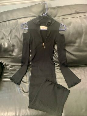 Sistaress Black Ribbed Cold-Shoulder Knit Dress - Zip Up High Neck